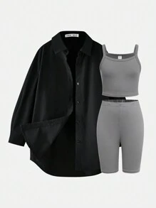 SHEIN Tween Girl  Solid Color Loose Long Sleeve Shirt + Camisole + Shorts 3pcs Casual Outfit Set - Black - View 1