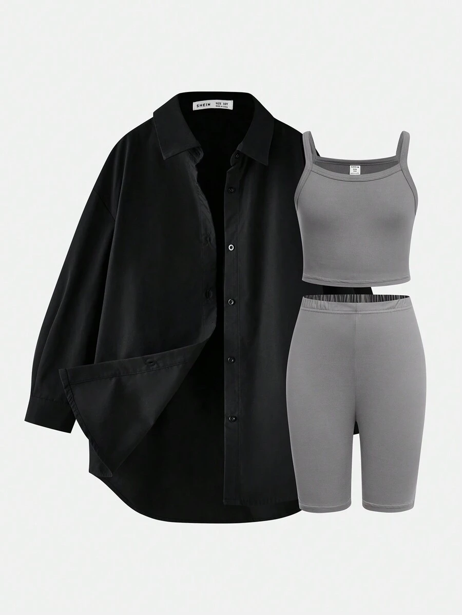 SHEIN Tween Girl  Solid Color Loose Long Sleeve Shirt + Camisole + Shorts 3pcs Casual Outfit Set - Black - View 1
