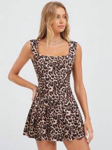 SHEIN EZwear 豹纹方领褶边无袖学院风连衣裙 - 黑色 - 查看 1