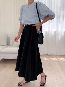 DAZY 简约素色前襟纽扣中长黑色半身裙，休闲日常穿着 - 黑色 - 查看 4