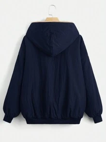 SHEIN EZwear 大码休闲纯色保暖内衬连帽夹克，秋冬 - 藏蓝色 - 查看 4