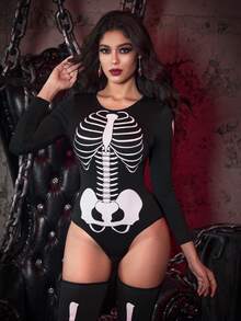 Women Halloween Skeleton Costume - Black - View 4
