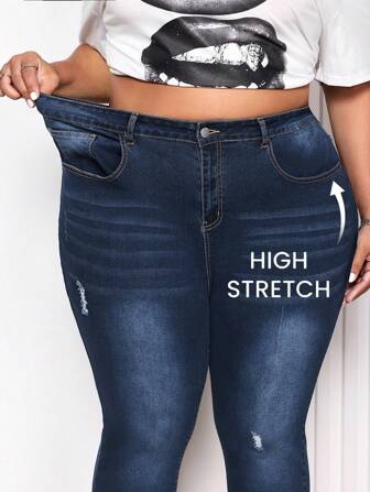 SHEIN CURVE+ Plus Size Casual Sexy Skinny Cropped Blue Denim Jeans