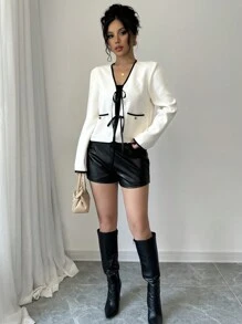Elenzga Chaqueta corta con tirantes de moño delgado, estilo francés de moda para mujer en otoño, adecuada para ir al trabajo, vacaciones, citas, salidas, días festivos, jardín, reuniones familiares, Día del Trabajo, festivales, Día de la Independencia, regreso a clases, atuendo de maestro, Halloween, Acción de Gracias