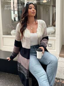 Franclia Plus Size Women Colorblock Knit Cardigan, Autumn