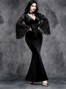 Women Gothic Metal Waist Halloween Sleeve Lace Lace Patchwork Fishtail Dress - Black - View 4