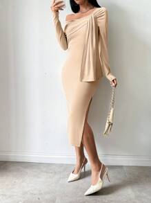 Chiquease ชุดเดรสสีพีช สำหรับสตรี ที่มีการตัดแบบอะซิเมตริกที่ไหล่และเอว ดูหรูหรา - สีแอปริคอท - ดู 6