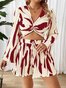 SHEIN Clasi 2pcs Plus Size Twist Top With All-Over Print & Skirt Set Fall Cloth For Women - Burgundy - View 5