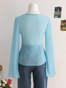 Soleia Women's Vacation Netted V-Neck Tie Sleeve Long Blouse - Baby Blue - View 2