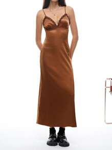 SHEIN EZwear Women's Summer Solid Color Frill Trim Maxi Slip Dress - Khaki - View 1