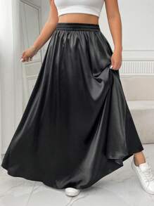 SHEIN EZwear 大码女式褶皱衬衫和简约 A 字裙，休闲日常服装 - 黑色 - 查看 1