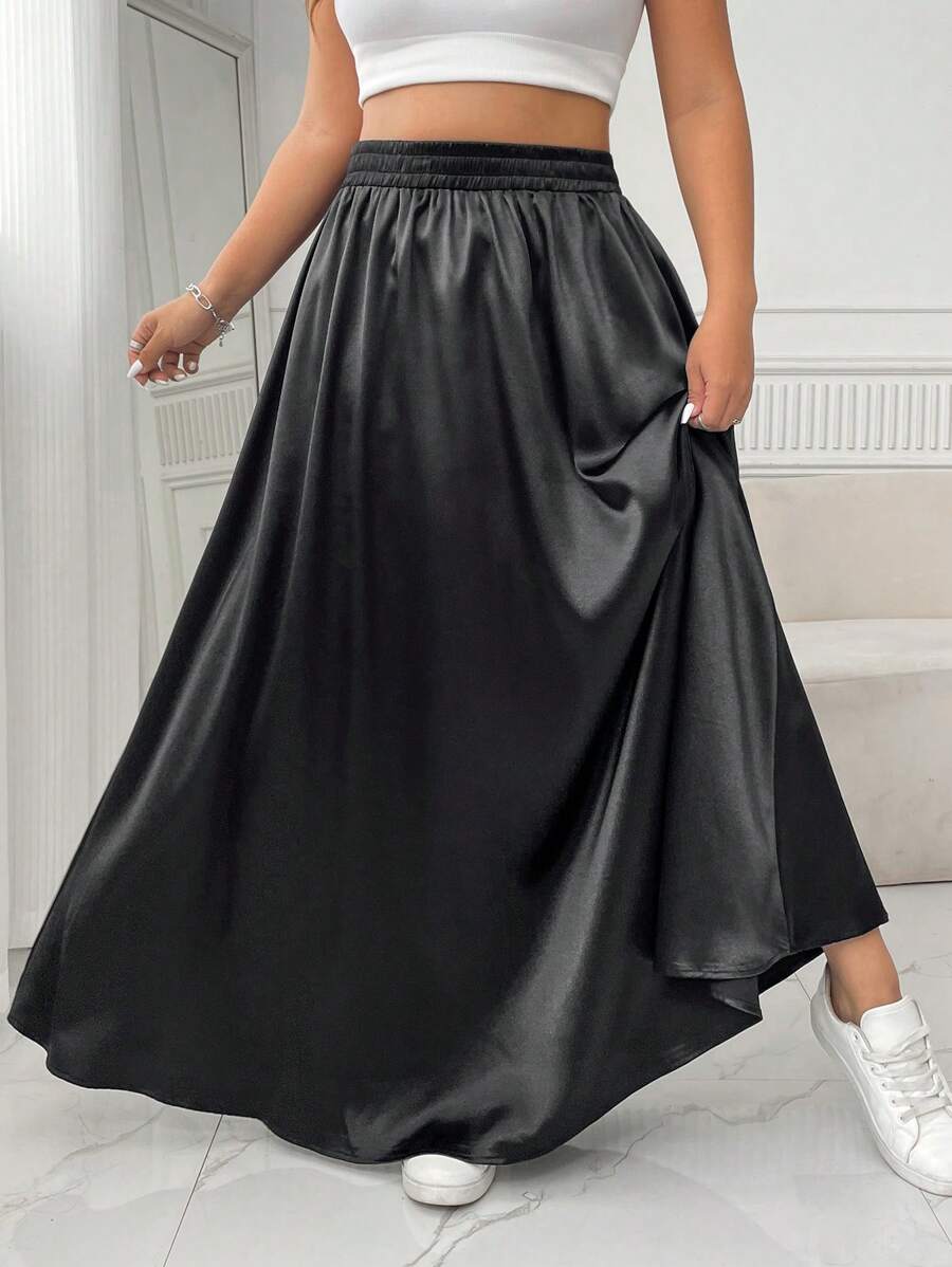 SHEIN EZwear 大码女式褶皱衬衫和简约 A 字裙，休闲日常服装 - 黑色 - 查看 1