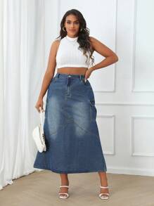 SHEIN Essnce Chân váy denim cài nút cỡ lớn có túi - Rửa tối - Xem 3
