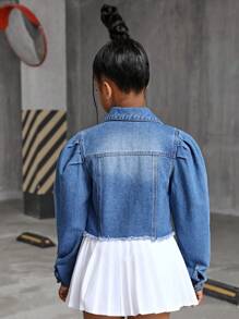 SHEIN Tween Girls Fall Winter Fashion Stand Collar Lantern Puff Sleeve Ripped Crop Denim Jacket With Raw Hem - Medium Wash - View 2
