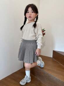 Dazy Kids Young Girl Solid Color Elastic Waist Casual Sweater & Pleated Mini Skirt Set