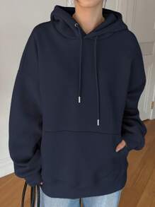 Dazy-Less Sudadera con capucha de felpa de manga larga con cordón ajustable, escote amplio para mujer, para otoño/invierno, tops de manga larga