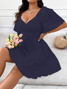 SHEIN Unity Plus Size Solid Color Sweetheart Neck Short Sleeve Dress - Navy Blue - View 3