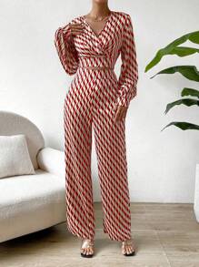 Chiquease 2 件女士通勤装 - 波浪条纹灯笼袖衬衫和裤子，春夏 - 紅色 - 查看 5