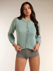 Zolique Women's Urban Style Front Button Studded Solid Color Long Sleeve Sweater Fall Cloth For Women - Grey - View 5