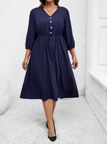 EMERY ROSE Plus Size Women's Plain Front Button Long Sleeve Tie Waist Casual Dress,Fall Women Clothes
