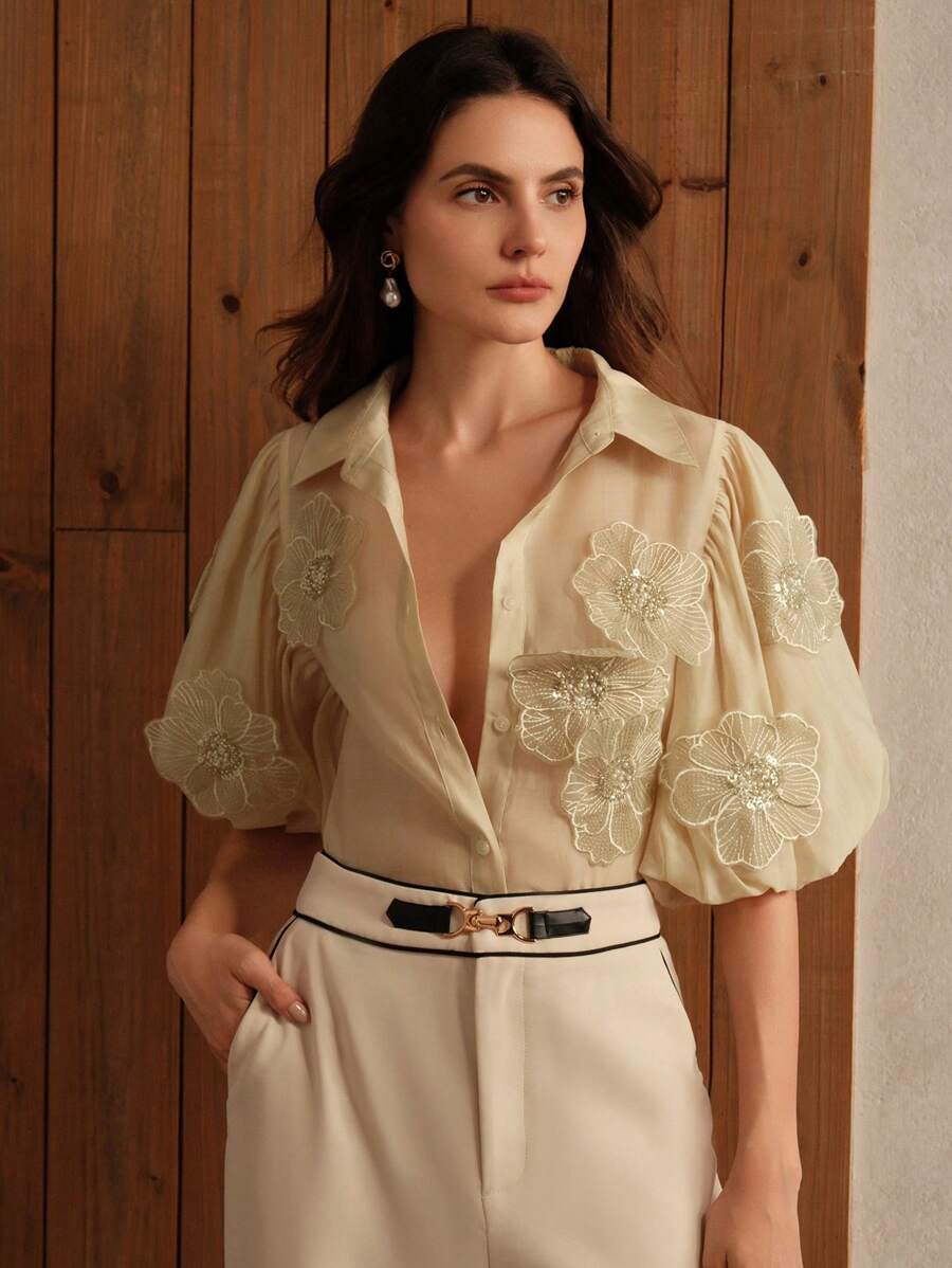 Anewsta Women's Elegant Puff Sleeve Decorative Flower Mallard Color Blouse Women Shirt