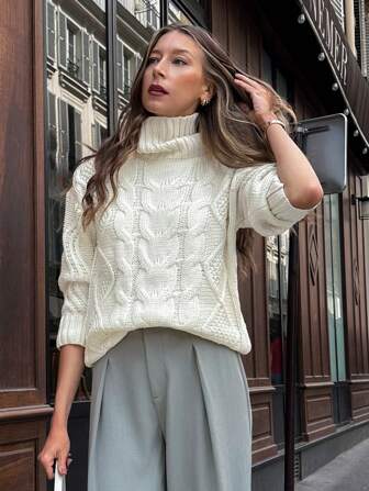 Pariaura High Neck Loose Fit Cable Knit Long Sleeve Sweater Knit Pullover Fall Winter Outfit