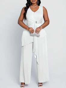 SHEIN Lady 大码水钻缀饰带扣褶皱上衣搭配长款阔腿裤两件套四季款