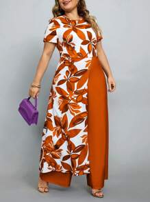 SHEIN Lady Plus Size Floral Printed Short Sleeve Jumpsuit, For Summer - Orange - View 4