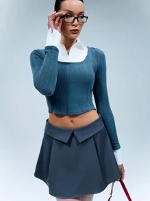 SHEIN Unity 女式春夏撞色罗纹长袖短款修身上衣 - 灰色 - 查看 4