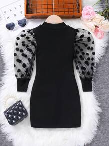 SHEIN Đầm tay bồng cổ tròn lưới Dobby cho bé gái 1 mảnh, thích hợp mặc thường ngày và dự tiệc - màu đen - Xem 4