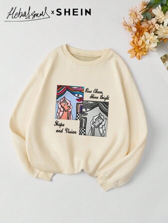 Mulvari Damen lässiger, weiter Crew Neck Sweatshirt mit Slogan Aufdruck, Langarm, für Winter & Herbst, lässiger, bequemer Pullover Oberteil