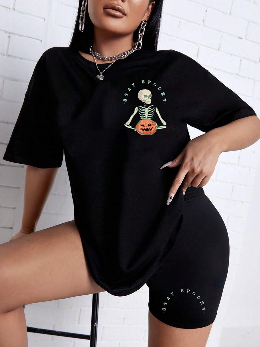 Maweii 大码骷髅印花短袖圆领上衣和短裤休闲套装
