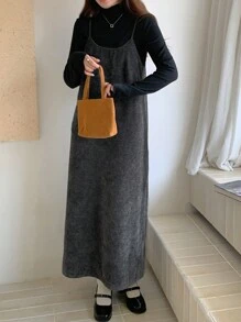 DAZY 1pc Women's Solid Color Spaghetti Strap Dress, Summer Fall,Winter - Grey - View 1