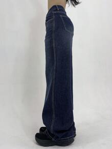 DAZY Women Front Button Closure Multi-Pocket Simple Baggy Jeans, Casual Daily Wear,Back To School Clothes - Medium Wash - View 3