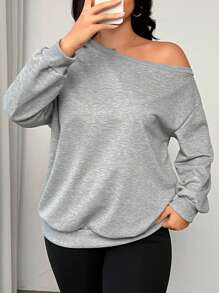 SHEIN EZwear Plus Size Open Shoulder Loose Gray Pullover Sweatshirt For Early Autumn Winter Fall - Dark Grey - View 5