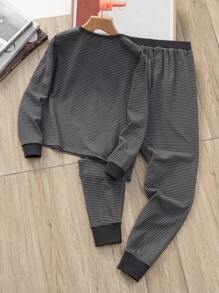 SHEIN 2pcs/Set Tween Boy Soft Velvet Ribbed Pattern Round Neck Long Sleeve Top And Long Pants Sleepwear Set, Warm For Autumn/Winter - Navy Blue - View 2