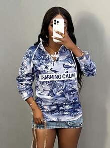 Slaydiva Women's Letter & Floral Print Long Sleeve Drawstring Hooded Casual Loose Sweatshirt