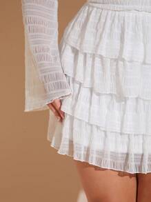 SHEIN BAE Plus Size Fall Sweet And Sexy White Ruffle Texture Off-Shoulder Long-Sleeved Pleated Layered Ruffle Mini Dress