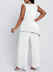 SHEIN Lady 大码水钻缀饰带扣褶皱上衣搭配长款阔腿裤两件套四季款