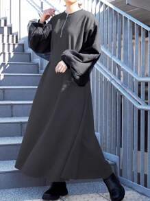 FRIFUL Women's Zipper Half Placket Drop Shoulder Lantern Sleeve Dress With Thermal Lined Fall,Winter - Grey - View 1
