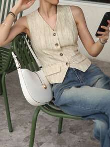 DAZY V领无袖修身碎花女式开衫，秋装女式夹克 - 杏色 - 查看 8