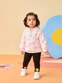 SHEIN 2pcs Baby Girls' Floral Print Hoodie Sweatshirt And Pants Set With 3D Small Flowers, Cute Outfit For Outdoor