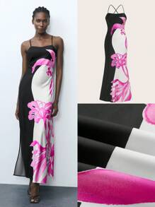 Maija Women Spaghetti Strap Backless Floral Print Color Block Fitted Slit Dress Floral Dress - Multicolor - View 6