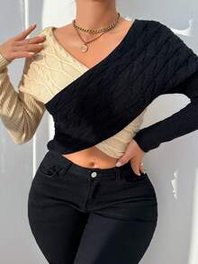 Zolique Áo len nữ dài tay phối màu kiểu dệt cáp, thích hợp cho các buổi tiệc tùng mùa thu và đông, áo len chui đầu mùa thu. - Nhiều màu - Xem 5