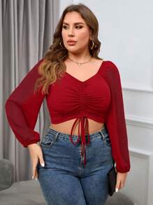 SHEIN Essnce Áo thun dài tay hở vai màu trơn cỡ lớn cho nữ - Màu Đỏ Sâu - Xem 3