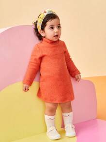 SHEIN Baby Girl High Neck Solid Color Dress Suitable For Outings, Autumn & Winter Fall Clothes - Orange - View 5
