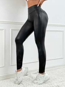 SHEIN EZwear Women's Solid Color High Waist PU Leggings - Black - View 3