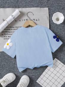 SHEIN 年轻女孩宽松可爱花卉印花短袖圆领垂肩 T 恤