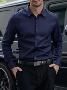 Manfinity Mode Camisa casual de manga larga de unicolor para hombres para uso comercial/diario, primavera y otoño