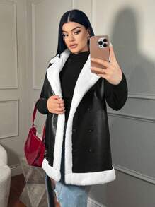 SHEIN SXY Autumn/Winter Warm Padded PU Leather & Fluffy Vest - Black and White - View 3